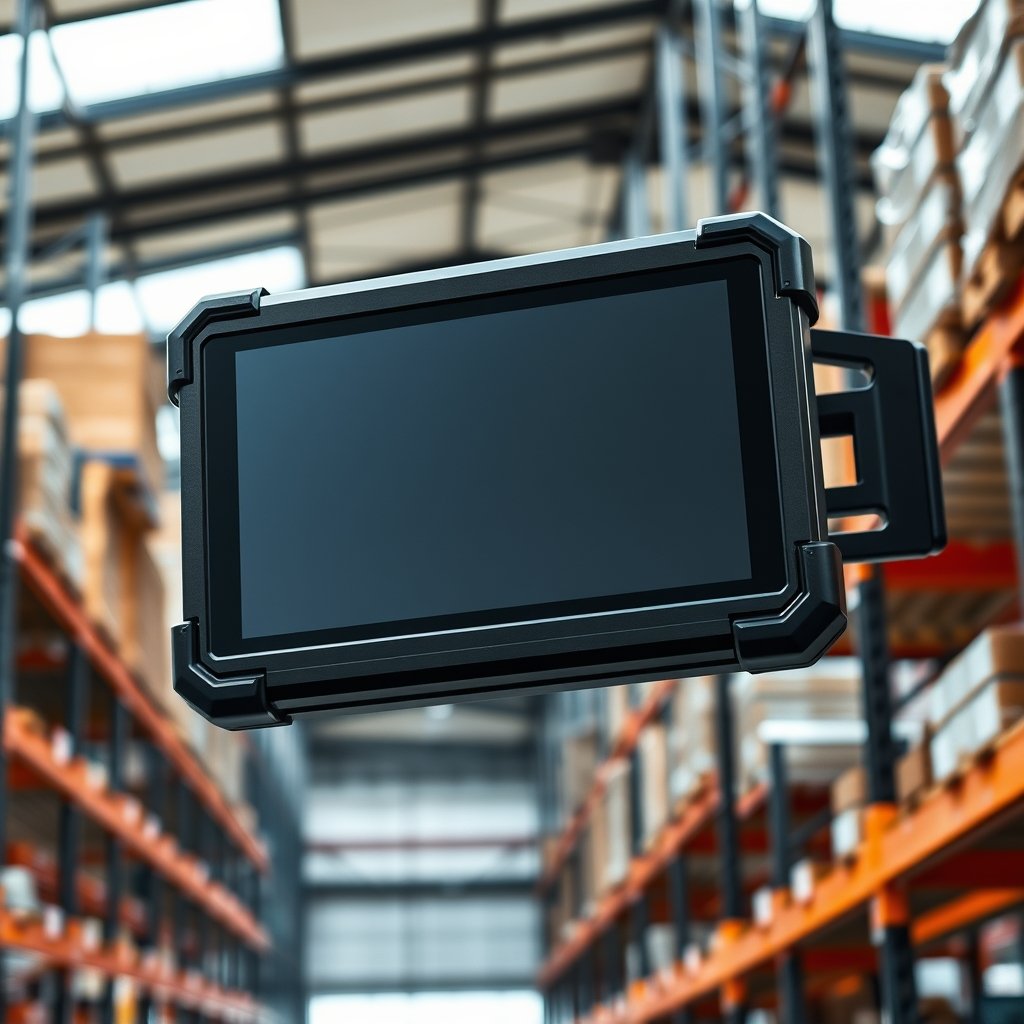 Emdoor 8-inch rugged tablet mounted on warehouse racking, black chassis with rubber corners, bright display, i