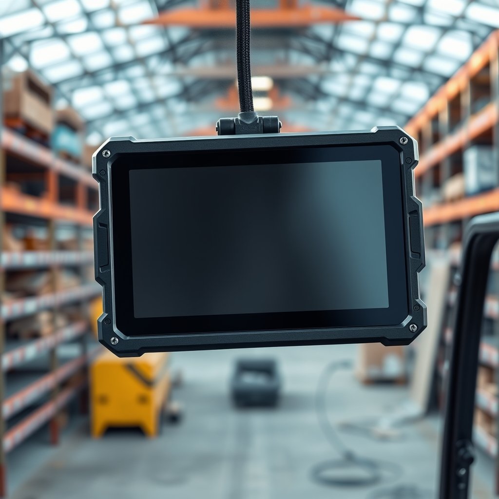 Emdoor 8-inch rugged tablet mounted in utility vehicle cab on construction site, durable black chassis, glare