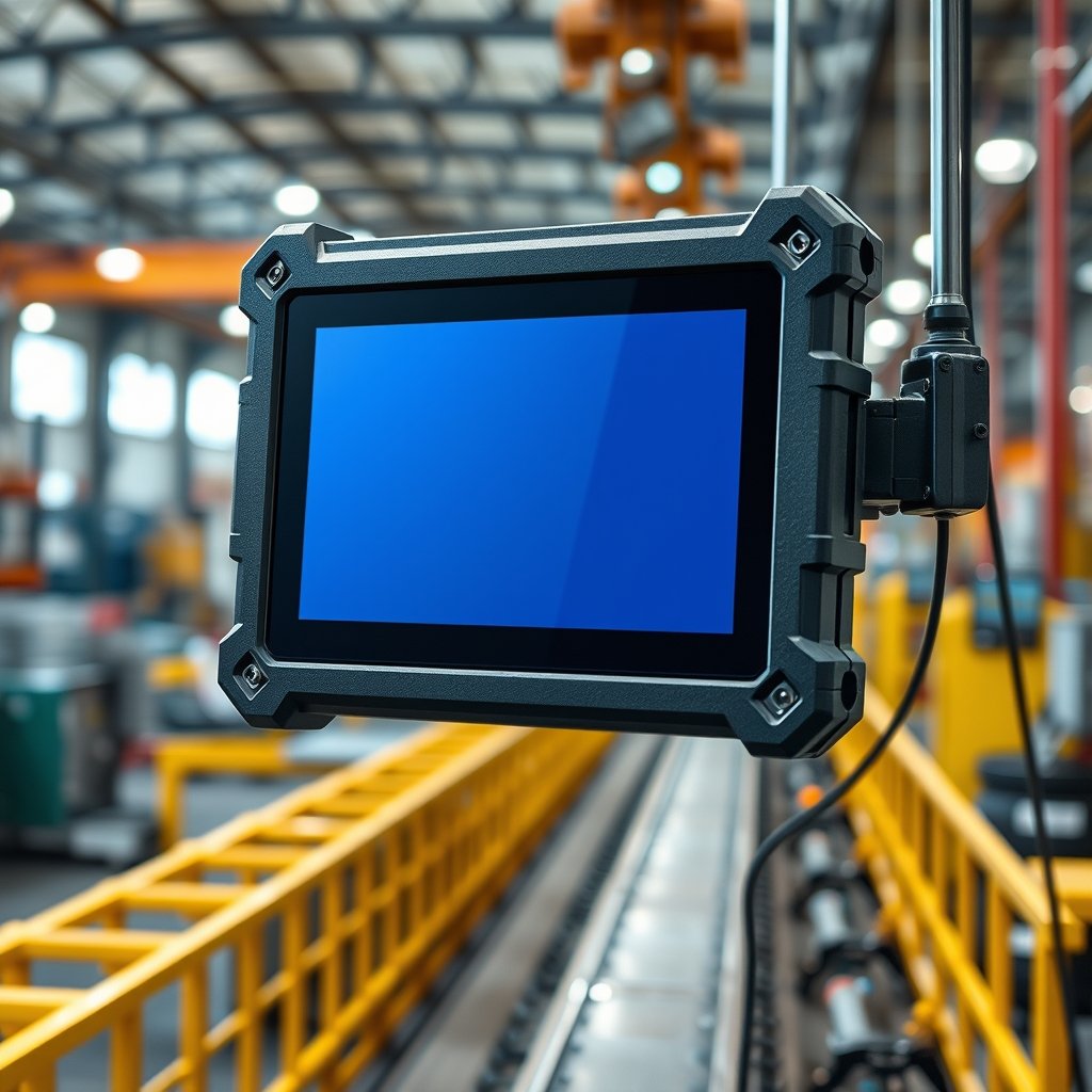 Emdoor 8-inch rugged tablet mounted at factory workstation, IP65-rated, barcode scanner interface visible, ind
